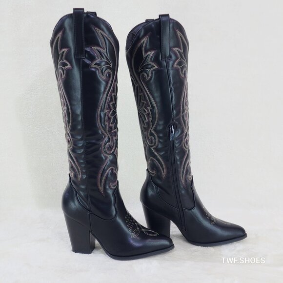 Elegant Black Embroidered Heeled Boots - Picture 2 of 7